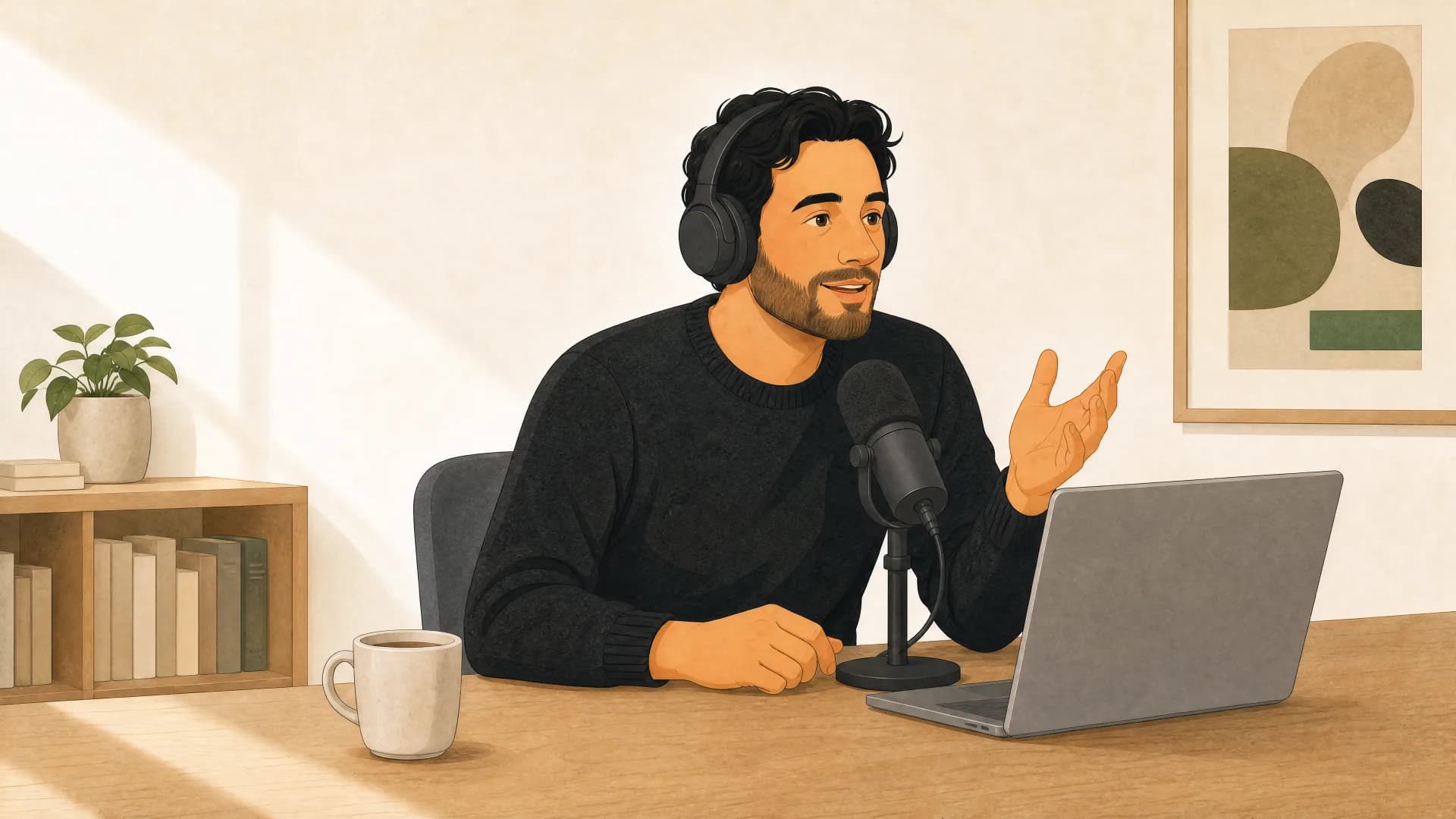 Flat illustration of an expert relaxed at his desk, talking through ideas in a guided recording session