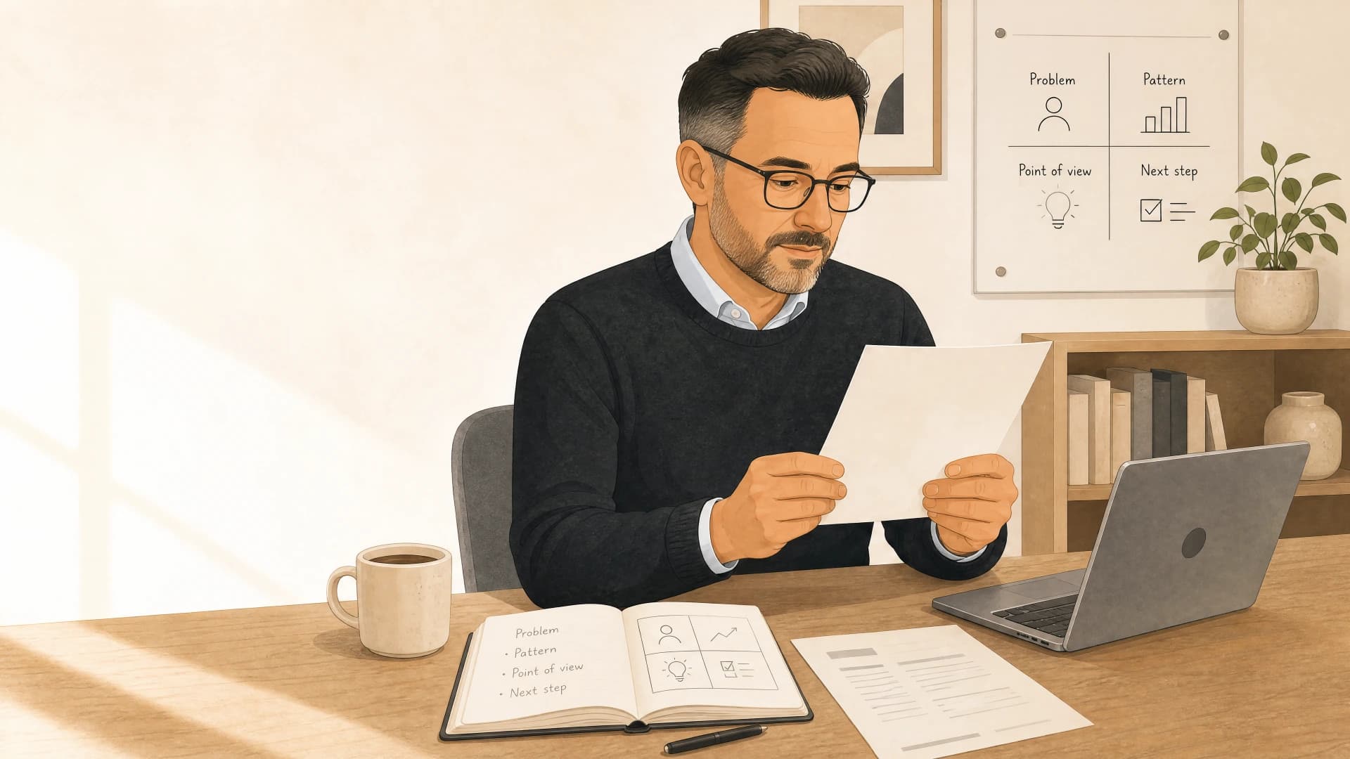 Flat illustration of a consultant reviewing a document at his desk beside a problem and pattern framework board